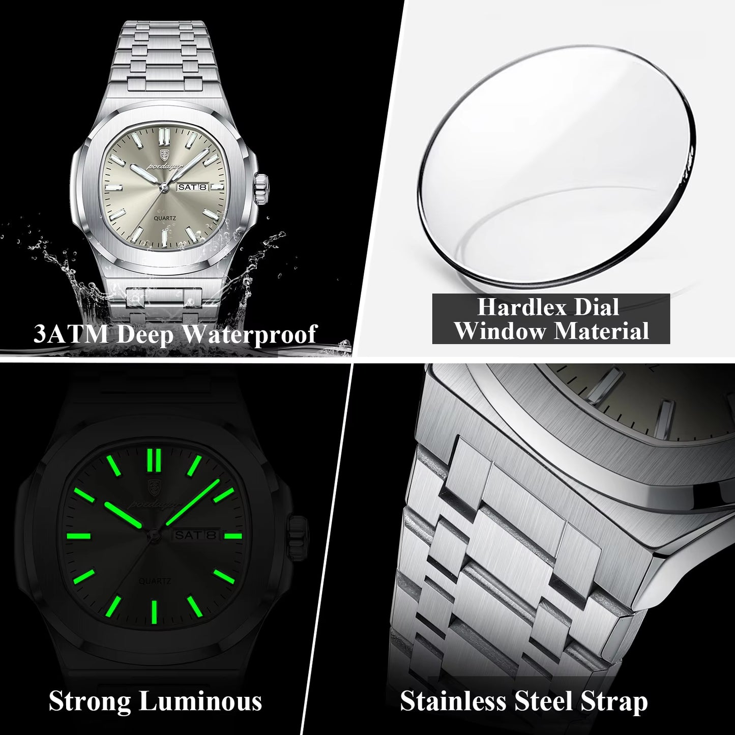 Luxury Military Man Watch Square Waterproof Luminous Date Week Men Watch Stainless Steel Quartz Men'S Watches Reloj+Box