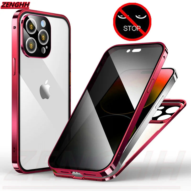Double Glass Anti-Peep Privacy Magnetic Adsorption Case for Iphone 15 14 13 12 Pro Max 15Plus with Camera Lens Protection Cover