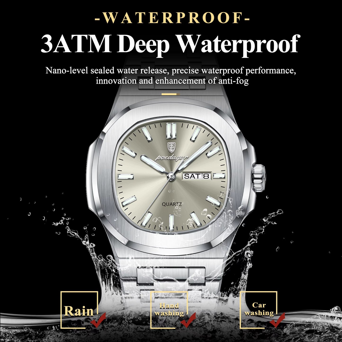 Luxury Military Man Watch Square Waterproof Luminous Date Week Men Watch Stainless Steel Quartz Men'S Watches Reloj+Box