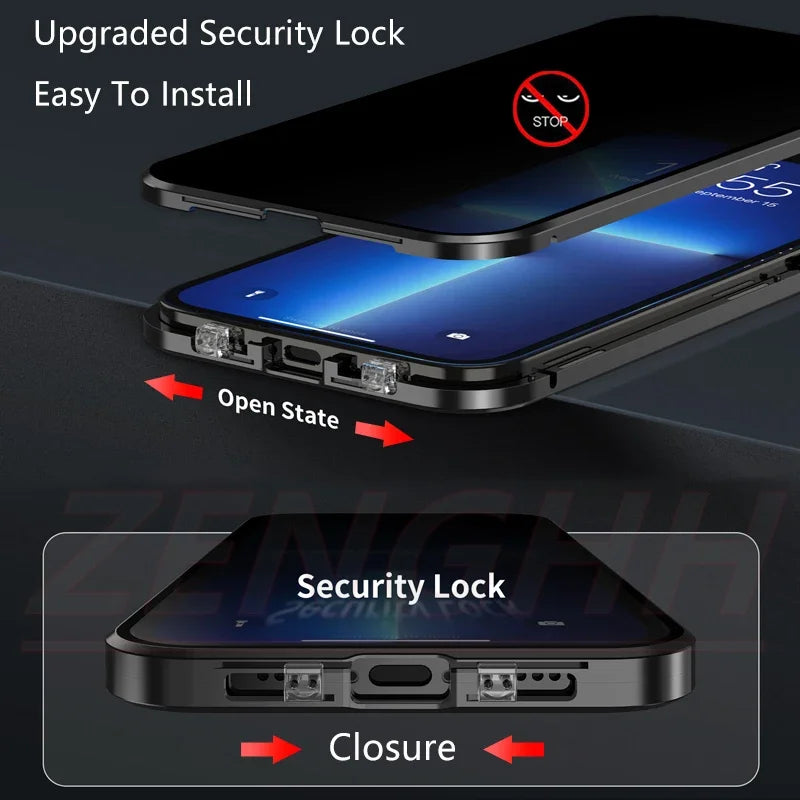 Double Glass Anti-Peep Privacy Magnetic Adsorption Case for Iphone 15 14 13 12 Pro Max 15Plus with Camera Lens Protection Cover
