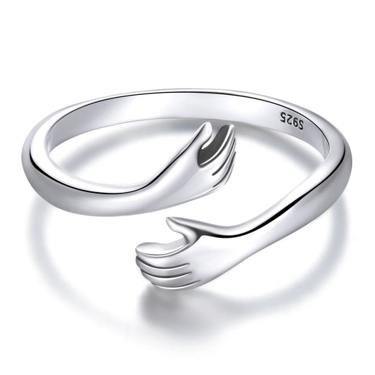 925 Sterling Silver Hug Open Ring Warmth and Love Hand Adjustable for Women Party Jewelry, His Big Loving Family Gift
