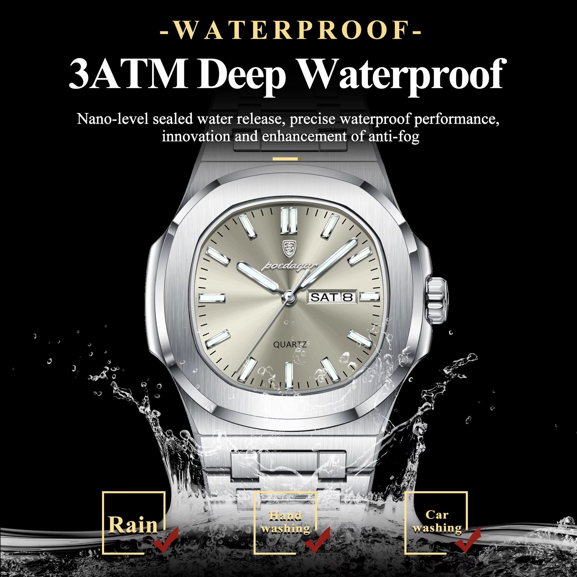 Luxury Military Man Watch Square Waterproof Luminous Date Week Men Watch Stainless Steel Quartz Men'S Watches Reloj+Box